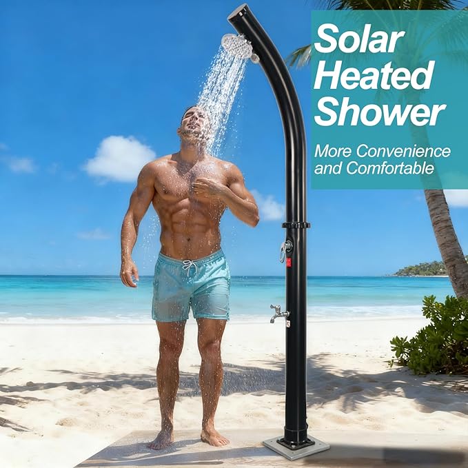 4.8 Gallon Solar Heated Outdoor Shower, 7 FT Freestanding Outside Shower with Shower Head & Foot Shower Tap for Poolside Backyard Beach, Black