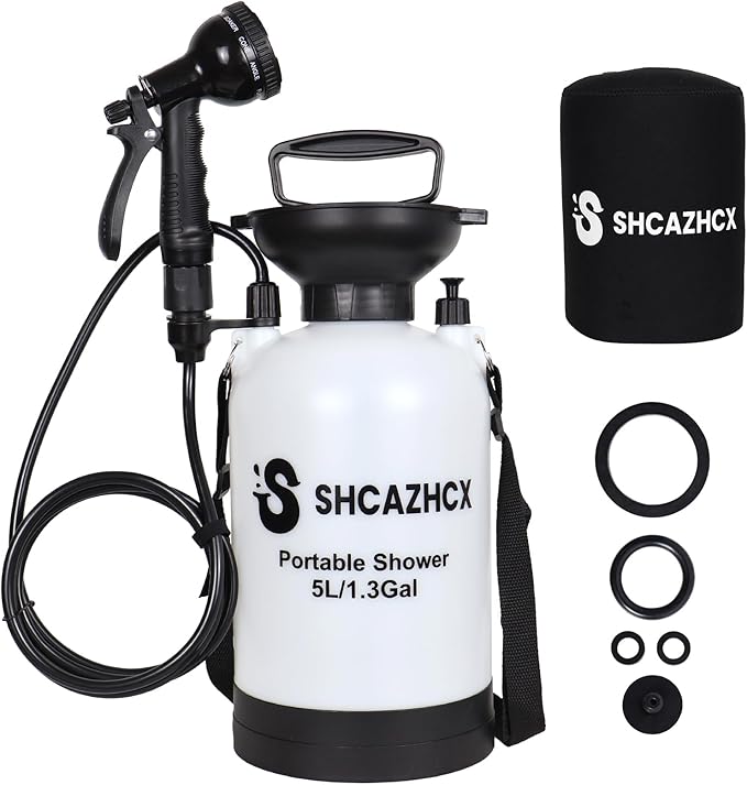 1.3 Gallon/5L Portable Outdoor Shower, 10 Spray Modes, No Power Needed, Insulated Sleeve Keeps Water Warm, Multi-Use Sprayer for Camping, Beach & Surfing, Fishing, Hiking, Road Trips, White