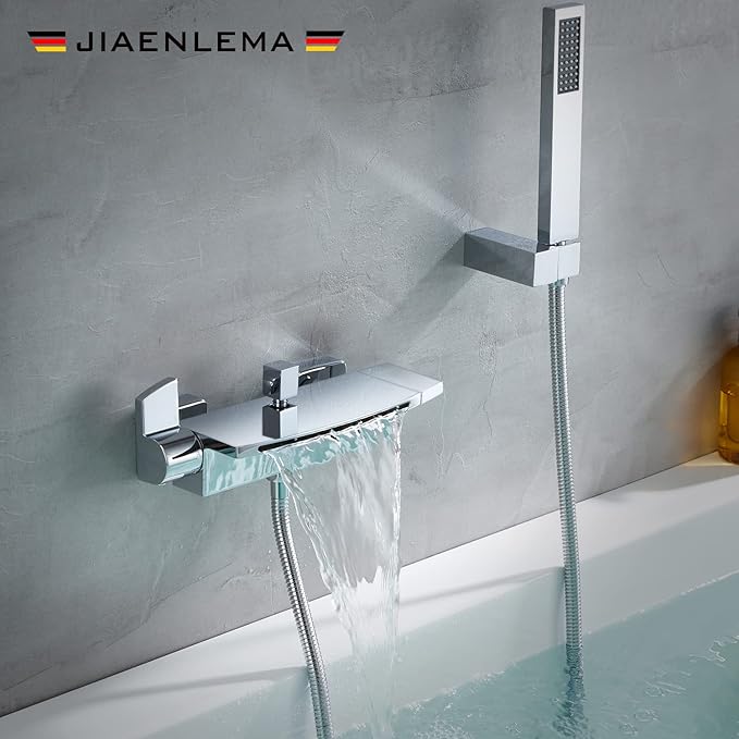 Wall Mount Tub Faucets Chrome Waterfall Tub Faucet with Sprayer, Wall Mount Tub Filler, Brass Bathtub Wall Faucet with Hand Shower, 2 Handles - JIAENLEMA