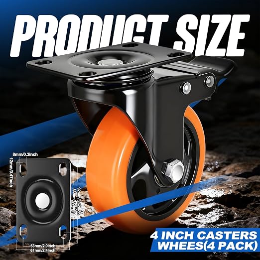 Caster Wheels, 4 Inch Caster Set of 4, Dual Locking PU Casters 2400LB, Swivel - Image 2