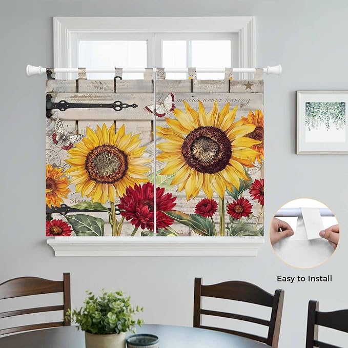 Red Yellow Sunflowers Bedroom Curtains 63 Inch Length, Window Curtains Tab Top - Image 4