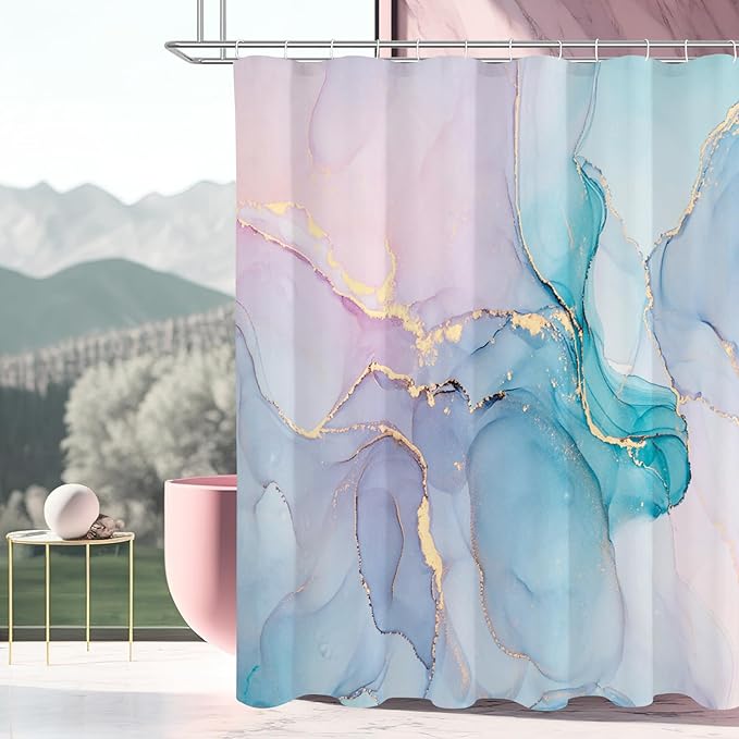 Gibelle Small Stall Shower Curtain 36 x 72, Narrow Half Abstract Marble Shower Curtain, Pink Turquoise Modern Ink Art Waterproof Fabric Shower Curtain Set with Hooks