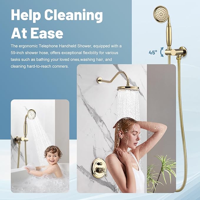 Antique Shower Head Faucet Set,Bright Gold Vintage Wall Mount Shower Faucets Combo With Handheld Spray,Bathroom Rainfall Shower System Trim Kit With Brass Pressure Balance Valve & 9''Shower Head