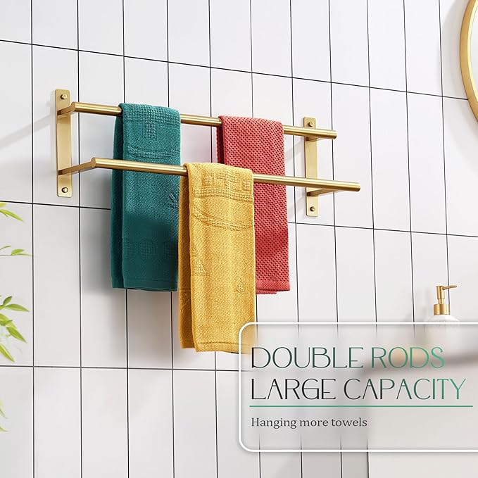 KOKOSIRI 20 Inch Bathroom Towel Racks Double Towel Bar Bath Towel Holder Towel Hanger Towel Shelf Wall Mount Stainless Steel Brushed Gold B5010BG-L20