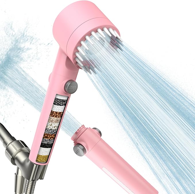 Filtered Shower Head with Handheld, High Pressure Water Flow and Multiple Spray Modes Shower Head with Filter, Power Wash for Hard Water, Showerhead with ON/OFF Switch for Pets Bath (Pink)