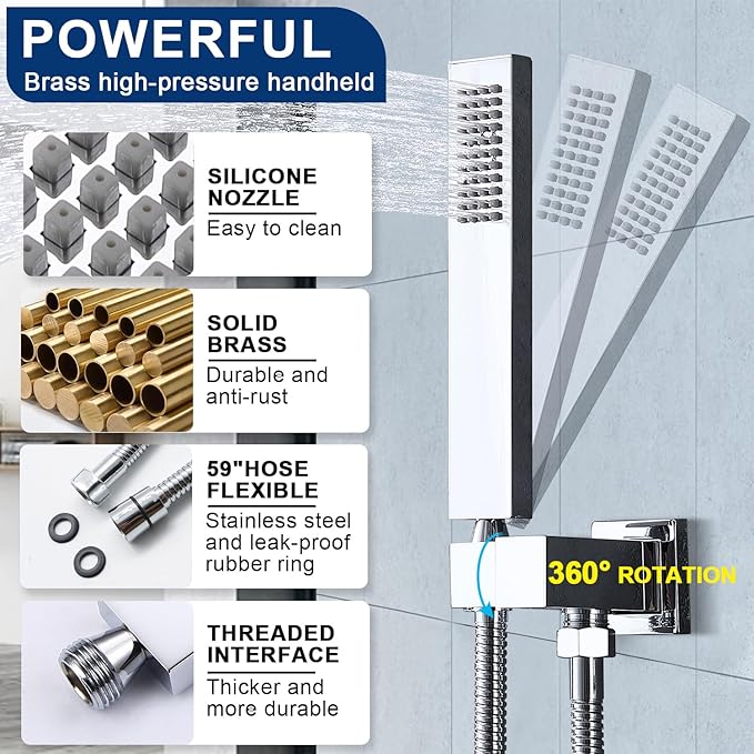 Rain Shower Head System with 14x20 Inch Ceiling Mount LED Head & 6 Inch Wall Head and Handheld Shower 3 Way Pressure Balance Valve Kit,Polished Chrome
