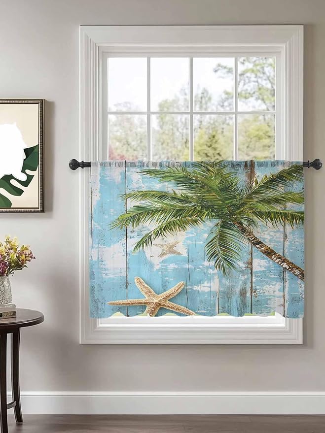 Sheer Curtains 54 Inch Length, Coastal Beach Blue Semi Sheer Curtains Light - Image 2