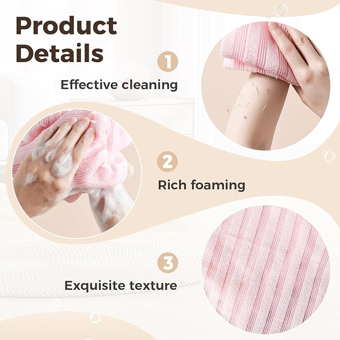 Exfoliating Shower Towel, 2026 Upgraded Exfoliating Washcloth, Body Back Scrubber for Shower, Long Scrub Towel for Women Men Full Body Exfoliator (Pink)