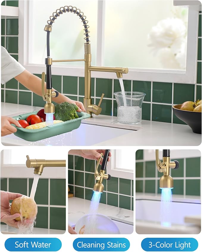 Fapully Single Handle High Arc Brushed Gold Pull Down Kitchen Faucet LED - Image 3