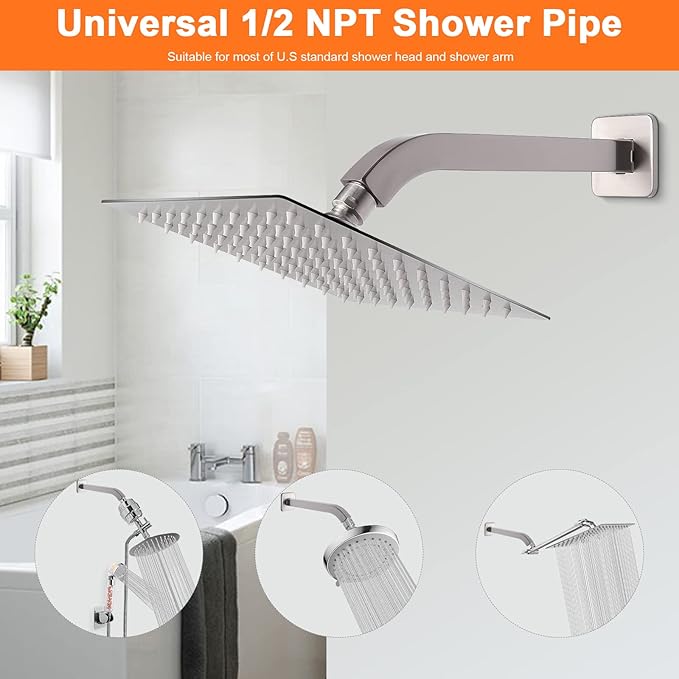 HarJue Shower Arm with Flange and Teflon Tape, Wall Mounted Square Shower Pipe 304 Stainless Steel Extension Arm for Fixed Shower Head & Handheld Shower (10 Inch, Brushed Nickel)