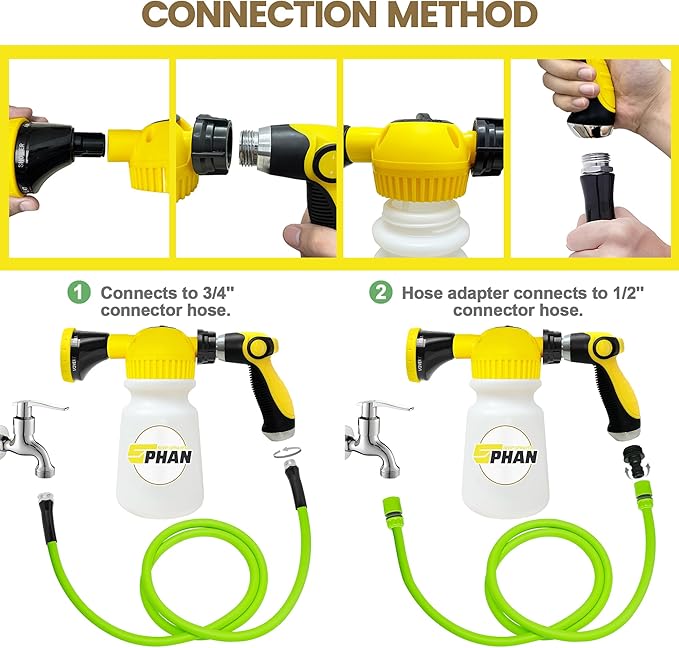 Giant Pet Washing Hose Attachment, 6-in-1 Soap Sprayer Moden Garden Hose Nozzle with 1000cc Soap Dispenser, Dog Bath Brush & Pet Comb, for Watering, Car Wash, Dog and Horse Showering (Yellow)