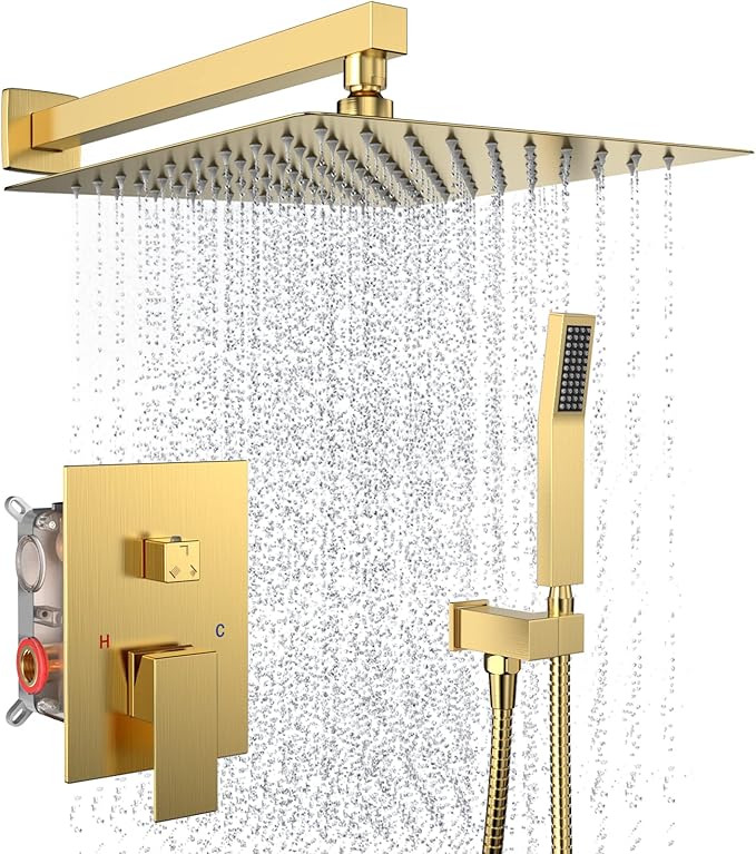 Rain Shower System 10 Inches Shower Head with Handheld Combo Set for Bathroom,High Pressure Rainfall Shower Faucet Set Wall Mounted,Rough-in Valve and Trim Kit(Brushed Gold)