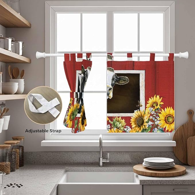 Cows Sunflowers Kitchen Curtains 24 Inch Length, Small Window Curtains Tab Top - Image 5