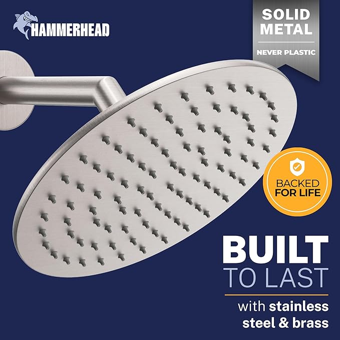 HammerHead Showers Solid Metal Round 8 Inch Rainfall Shower Head, High Flow Shower Head Optimized for Pressure, Brushed Nickel, 1.75 GPM
