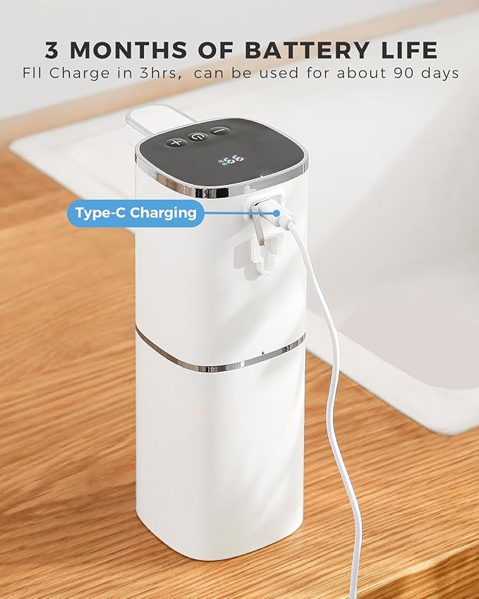 Automatic Foaming Soap Dispenser, 12.8oz Rechargeable, Adjustable Foam Levels, IPX5 Waterproof, Touchless & Wall/Tabletop Use for Kitchen Bathroom, White