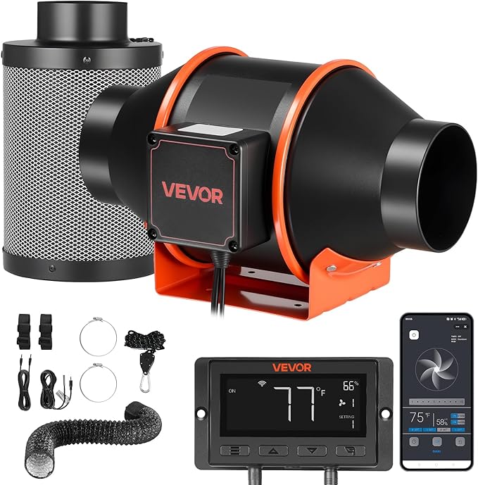 VEVOR Inline Duct Fan Kit Carbon Filter, 205 CFM 4 inch EC Motor Exhaust by VEVOR