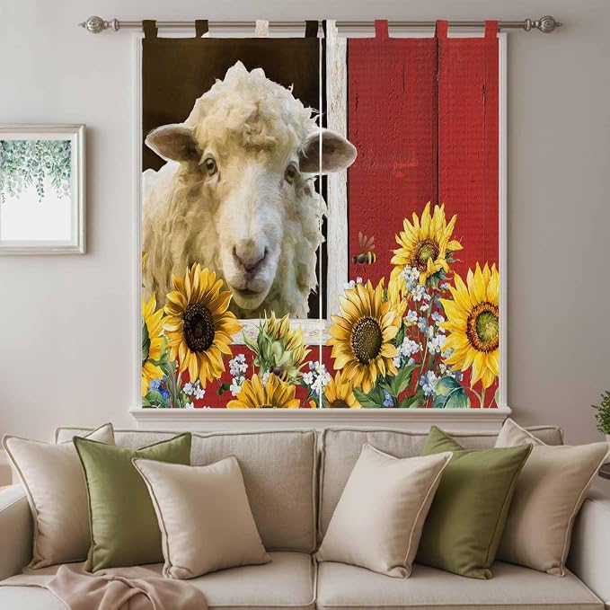 Sheep Flowers Bathroom Curtains 63 Inch Length, Window Curtains Tab Top - Image 9