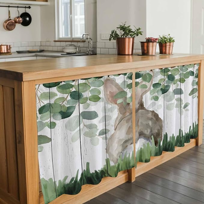 Easter Tier Curtains, Country Rabbit Botanical Leaves Wooden Grain Light - Image 7