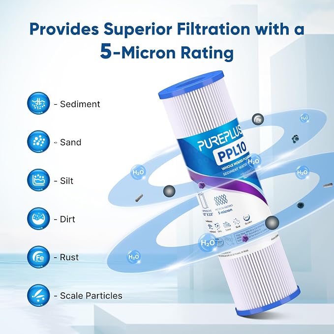 PUREPLUS 5 Micron 10"x2.5" Whole House Pleated Sediment Filter - Image 5