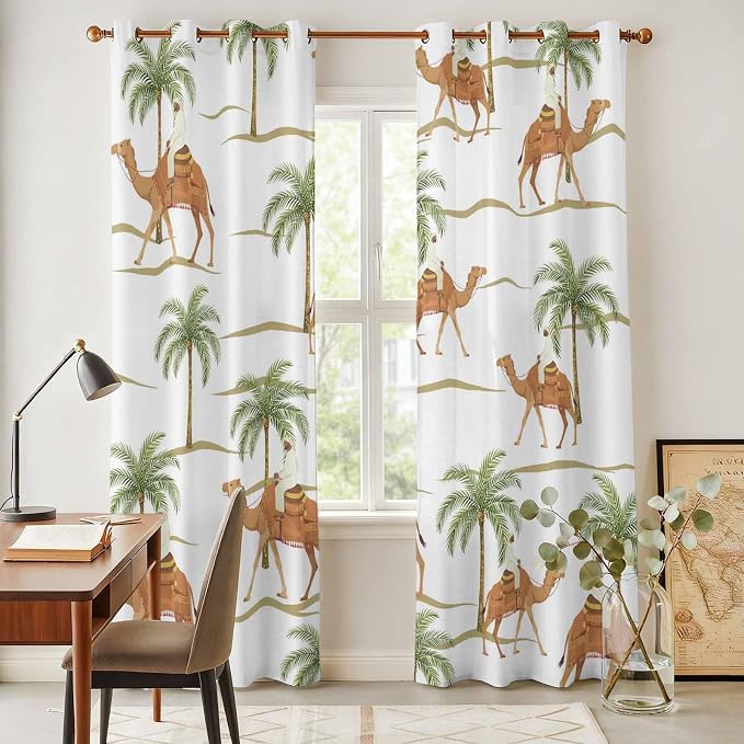 2 Panel Kitchen Cafe Curtains, Desert Camels Sunlight Filtering Nature Air - Image 4