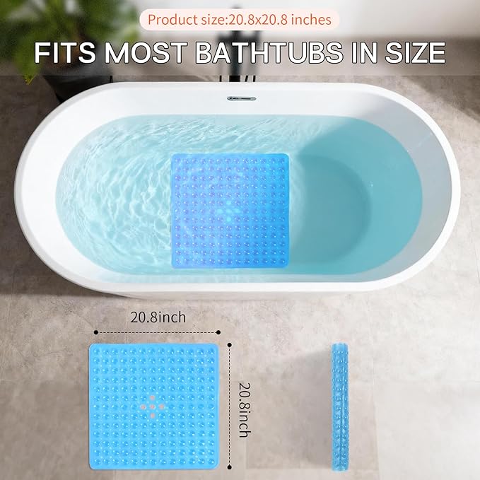 Anti-Slip Bathtub Shower mat, 20.8×20.8（Approximately 53×53cm） inch Soft Oversized Machine Washable Non-Slip Bathtub mat with Drainage Holes, Bathroom Floor Suction Cup.（1-Clear Blue）