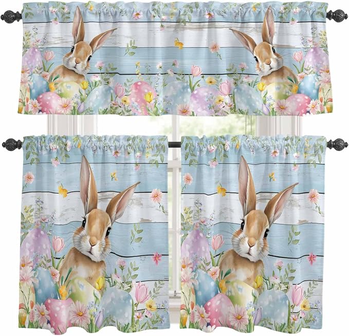 Kitchen Curtains Tiers and Valance Set of 3, Easter Light Filtering Window by Anzona