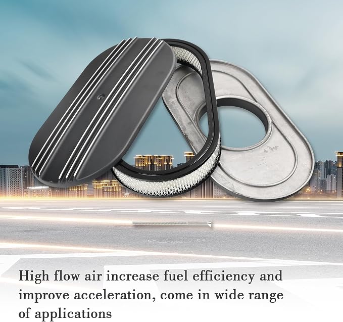 15" Black Aluminum Air Cleaner Assembly Kit Alloy Oval Partial Half Finned - Image 5