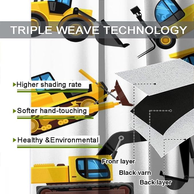 Kids Construction Equipment Window Curtains, Excavator Tractor Tow Truck Rod - Image 7
