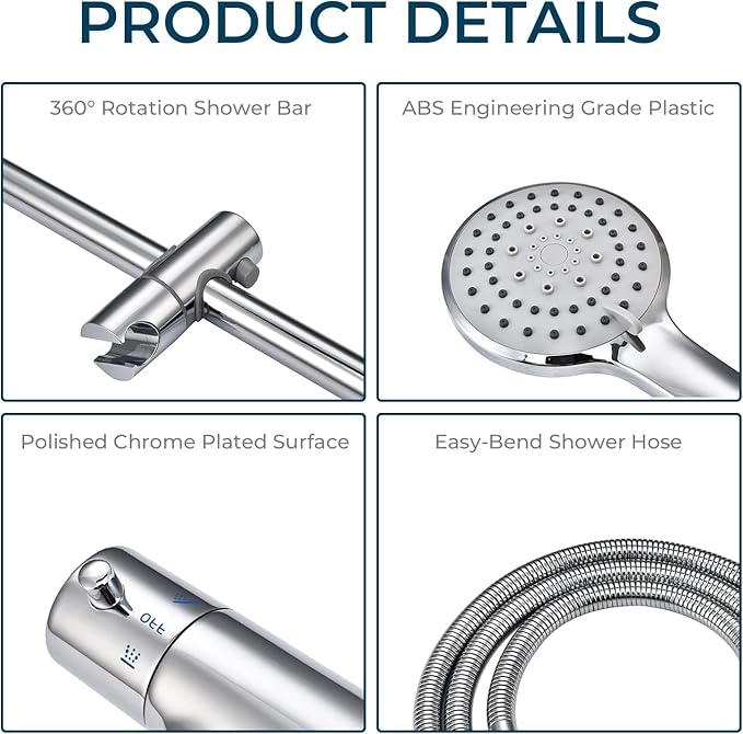 Outdoor Shower Faucet Set 8" Round Shower Head 3 Function Thermostatic Rainfall Shower Faucet Set Handheld Sprayer with Constant Temperature Polished Chrome with Height Adjustable Slide Bar