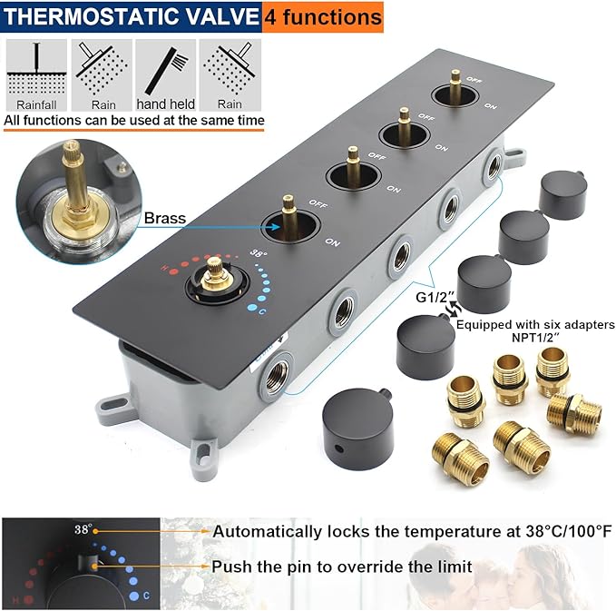 Black Thermostatic Shower System three Shower Heads with 16" Ceiling Mounted Rain Shower Head & 2 x 6" Wall Mounted Head 4 Function Full Body Shower System Can All Run Together