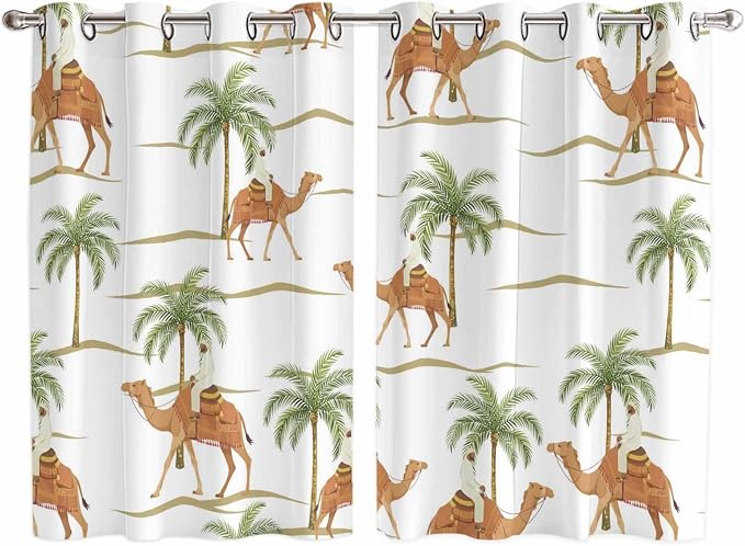 2 Panel Kitchen Cafe Curtains, Desert Camels Sunlight Filtering Nature Air by Hokiten