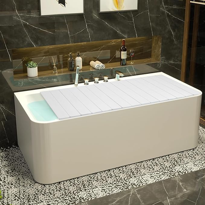 Bathtub Cover Foldable 62.9" x 31.5" Bath Tray Adjustable PVC Shutter Bath Lid Anti-dust Bathtubs Cover for Tub Can Store Wine Glass, Books, Tablets, Cellphones (White)