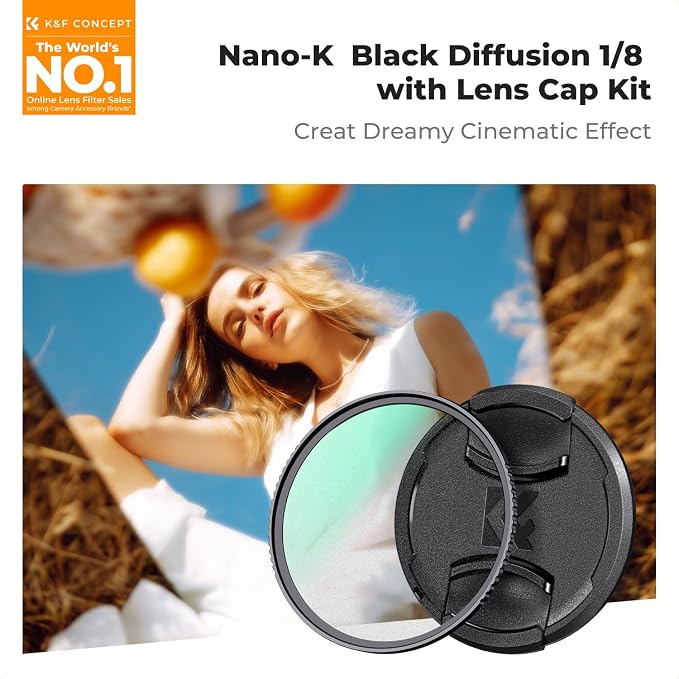 K&F CONCEPT 55mm Black Diffusion 1/8 Filter + Lens Cap, Mist Cinematic Effect - Image 2