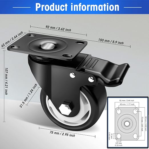 3" Swivel Plate Casters, 1000Lbs Capacity - Image 2