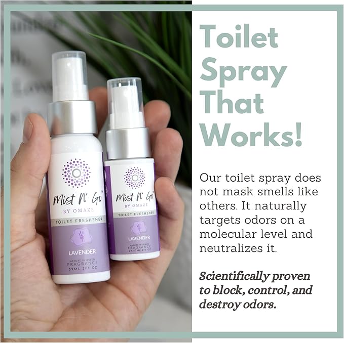 Mist N’ Go by Omaze Travel Bathroom Spray for Toilet Spray Odor Eliminator - Travel Toilet Spray for Bathroom Air Freshener Spray for Bathroom Deodorizer - Lavender Regular Size (2oz x2)