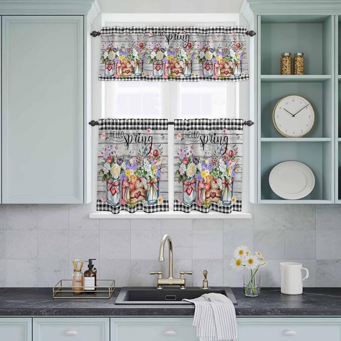 Spring Flowers Kitchen Curtain Set, Farmhouse Black Plaid Wood Grain Window - Image 9