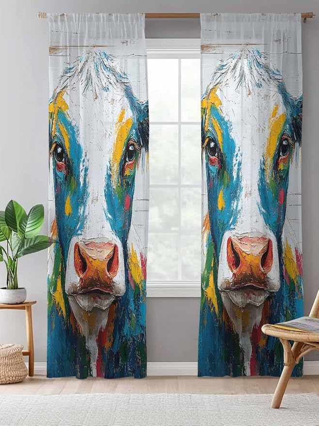 Sheer Curtains 96 Inches Long, Rustic Cow Semi Sheer Curtains Light Filtering - Image 5