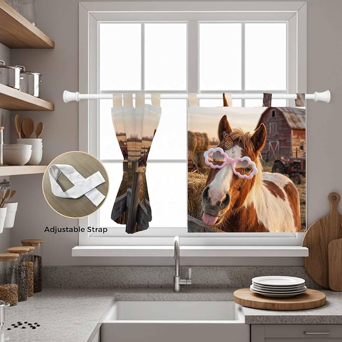 Farm Horses Kitchen Curtains 36 Inch Length, Small Window Curtains Tab Top - Image 5