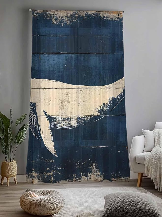 Sheer Curtains 84 Inches Long, Ocean Whale Blue Semi Sheer Curtains Light - Image 2