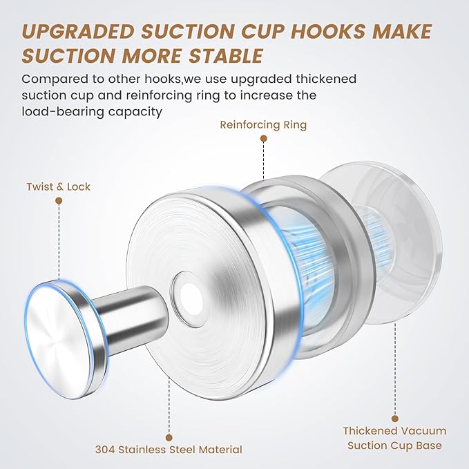 BKV Suction Cup Hooks for Glass Window,Removable Shower Hooks for Inside Shower,Metal Towel Hooks for Bathrooms,6 Pack(Silver)