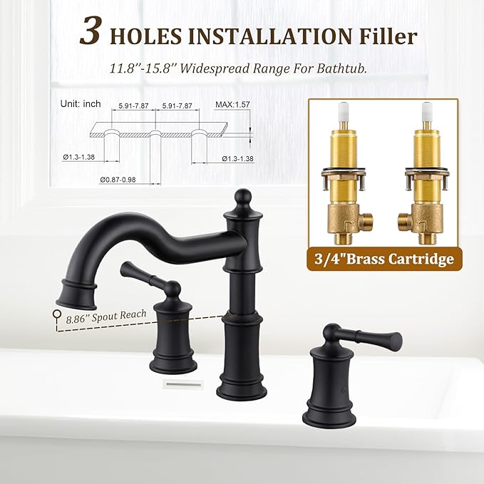 Roman Tub Faucet Classic Widespread Deck Mount Bathtub Faucet 3 Holes Brass High Flow Tub Filler, Rough in Valve Included, Matte Black