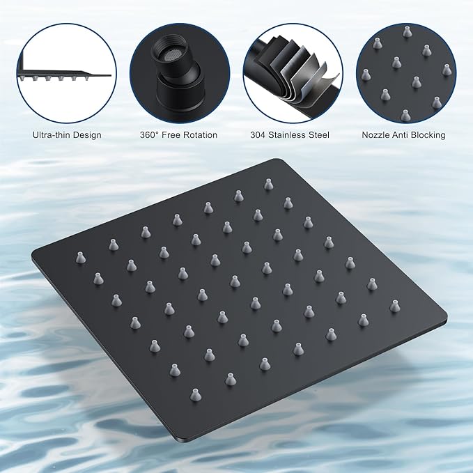 Rain Shower System Matte Black Shower Faucet Set, Dual Rainfall Shower Head Set with 2 in 1 Handheld Spray, Wall Mounted Bathroom 12-inch & 6-inch Square Showerheads with Valve, Matte Black