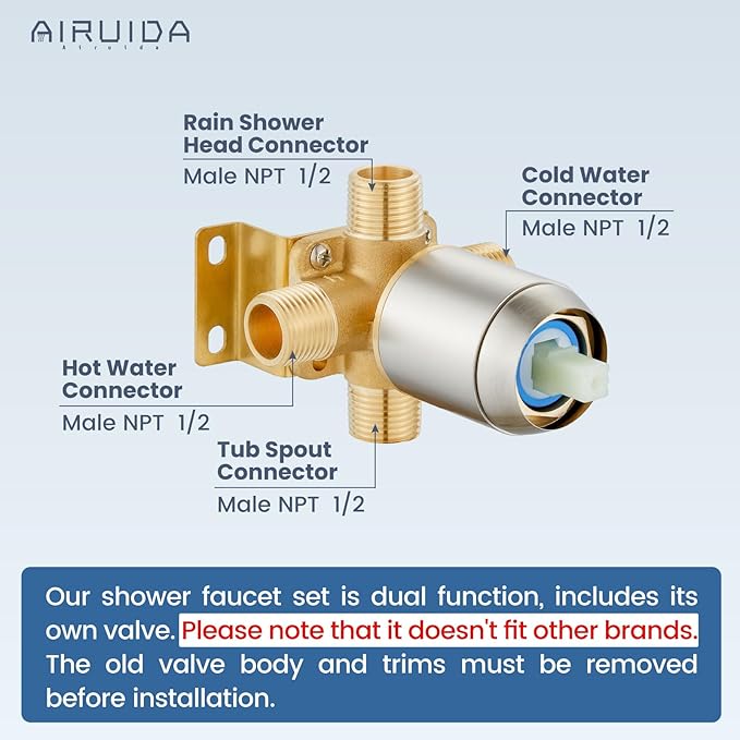 Airuida Shower Faucet Set and Handle Set Single Function Shower Trim Kit Ceiling Mount Rainfall Shower System with Male Threads and Rough-in Valve 12 Inch Square Shower Head Brushed Nickel