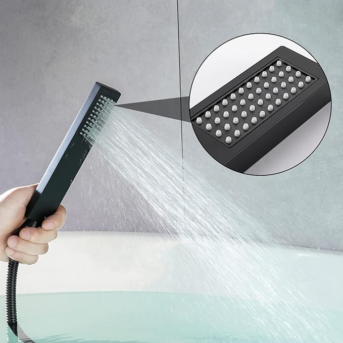 Wall Mount Tub Filler Matte Black Waterfall Tub Faucet with Sprayer, Brass Bathtub Wall Faucets with Hand Shower, High Flow Tub Spout, Bath Tub Faucet Set 2 Handles - JIAENLEMA