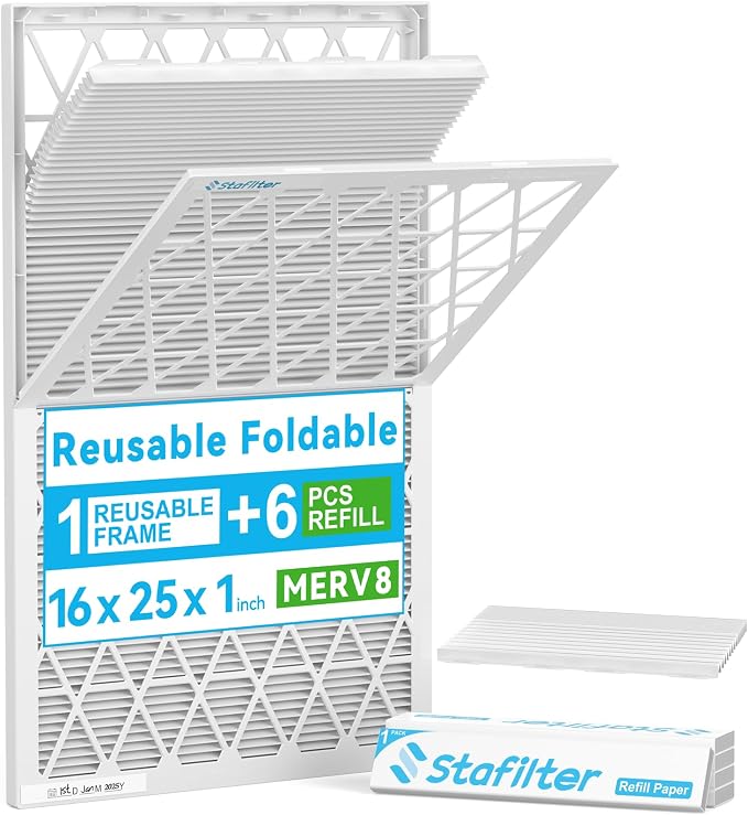 Reusable 16x25x1 Air Filter, 1 Foldable Frame + 6 Refills by Stafilter