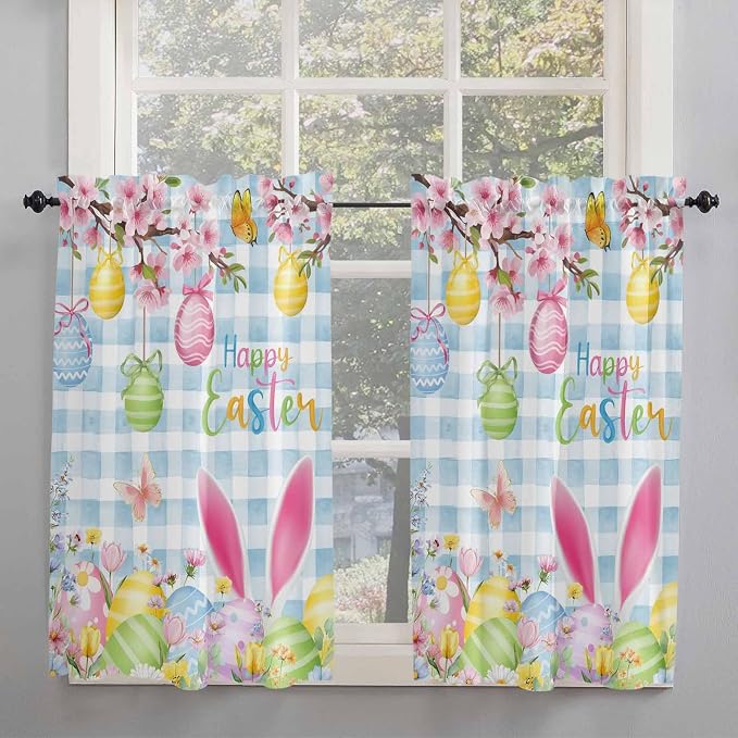 Happy Easter Kitchen Curtains 45 Inches length, Spring Watercolor Bunny Eggs - Image 2