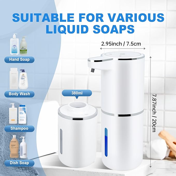 Automatic Soap Dispenser Touchless - Liquid Hand Soap Dispenser for Bathroom, Adjustable Volume for Thick & Thin Liquid, USB Rechargeable Electric Hands Free Dish Soap Gel Dispenser for Kitchen