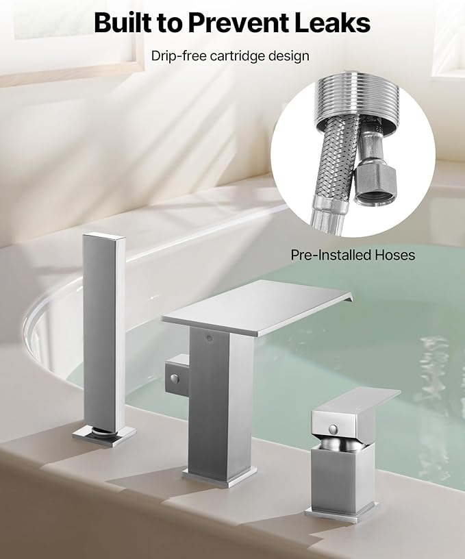 VEVOR Roman Tub Faucet, 3 Hole Waterfall Bathtub Faucet, Roman Bathtub Faucets Set with Shower Head & 1 Handle, Deck Mount Bath Tub Faucets Set for Adult Bathing, Brushed Stainless Steel, Drip-Free