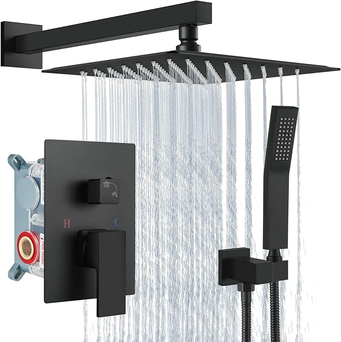 Aolemi Shower Faucet Set Rain Shower System with Handheld Spray Bathroom Shower Combo Rough-in Valve and Shower Trim Kit Included Matte Black 12 Inch Wall Mount Shower Head