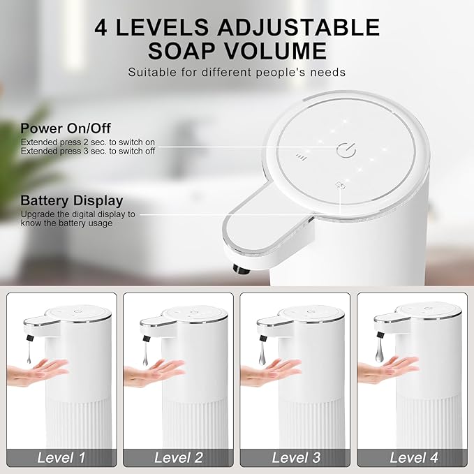 GuDoQi Automatic Touchless Liquid Soap Dispenser, 4-Level Adjustable Foam, USB Rechargeable Hand Soap Dispenser for Bathroom, Kitchen Countertops, 12.2oz/360mL, White